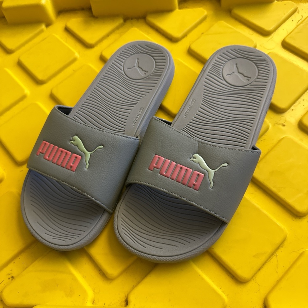 Puma Gray and Red Slide Sandals